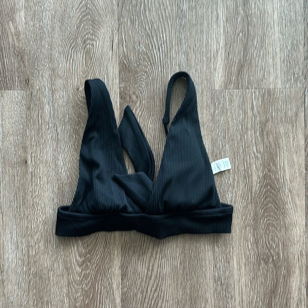 Aerie Ribbed Tie Longline Triangle Bikini Top Black Size Small